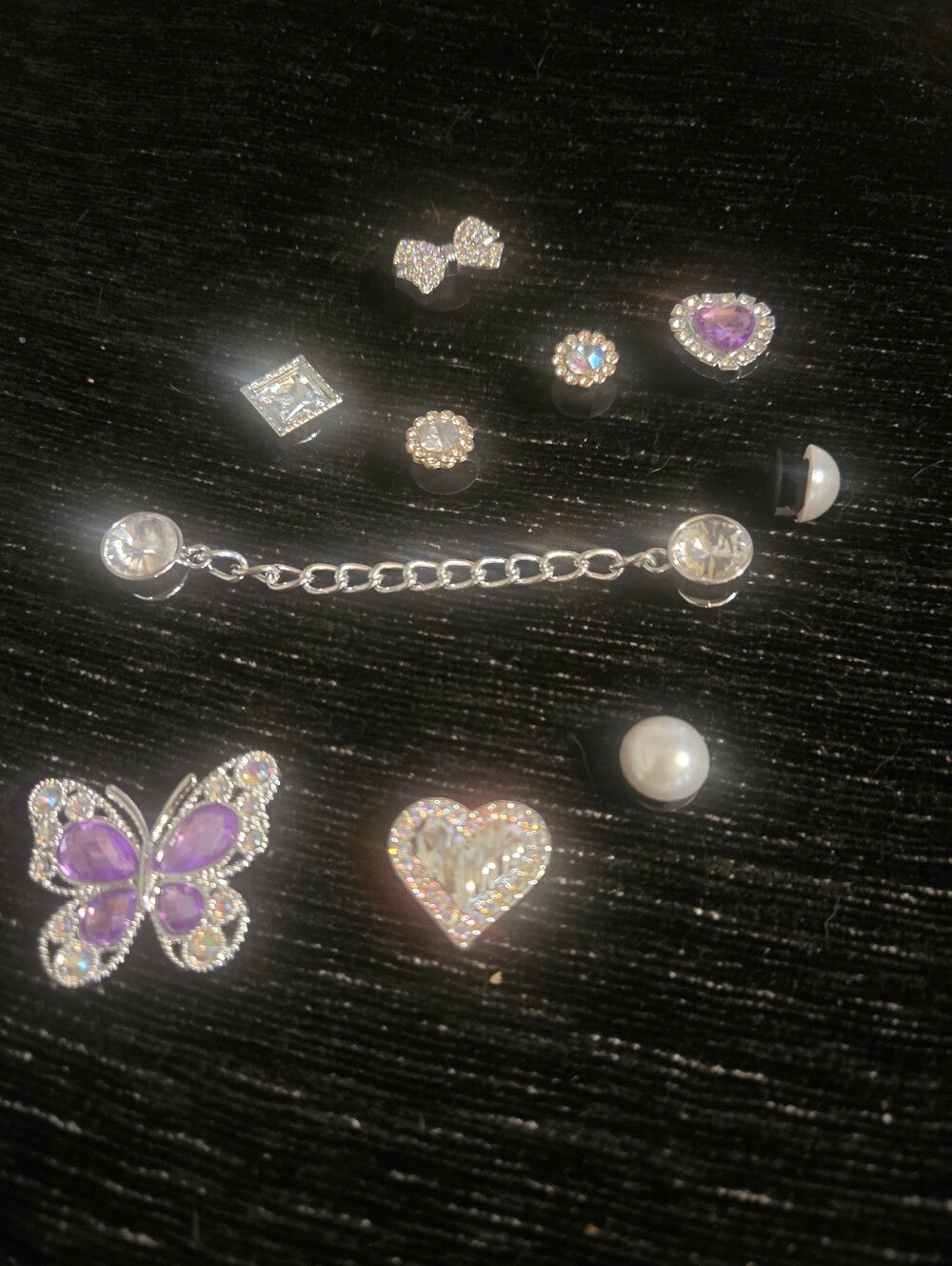 Jibbitz Shoe Charms Pink Silver Pearls Heart Chain Bling Butterfly